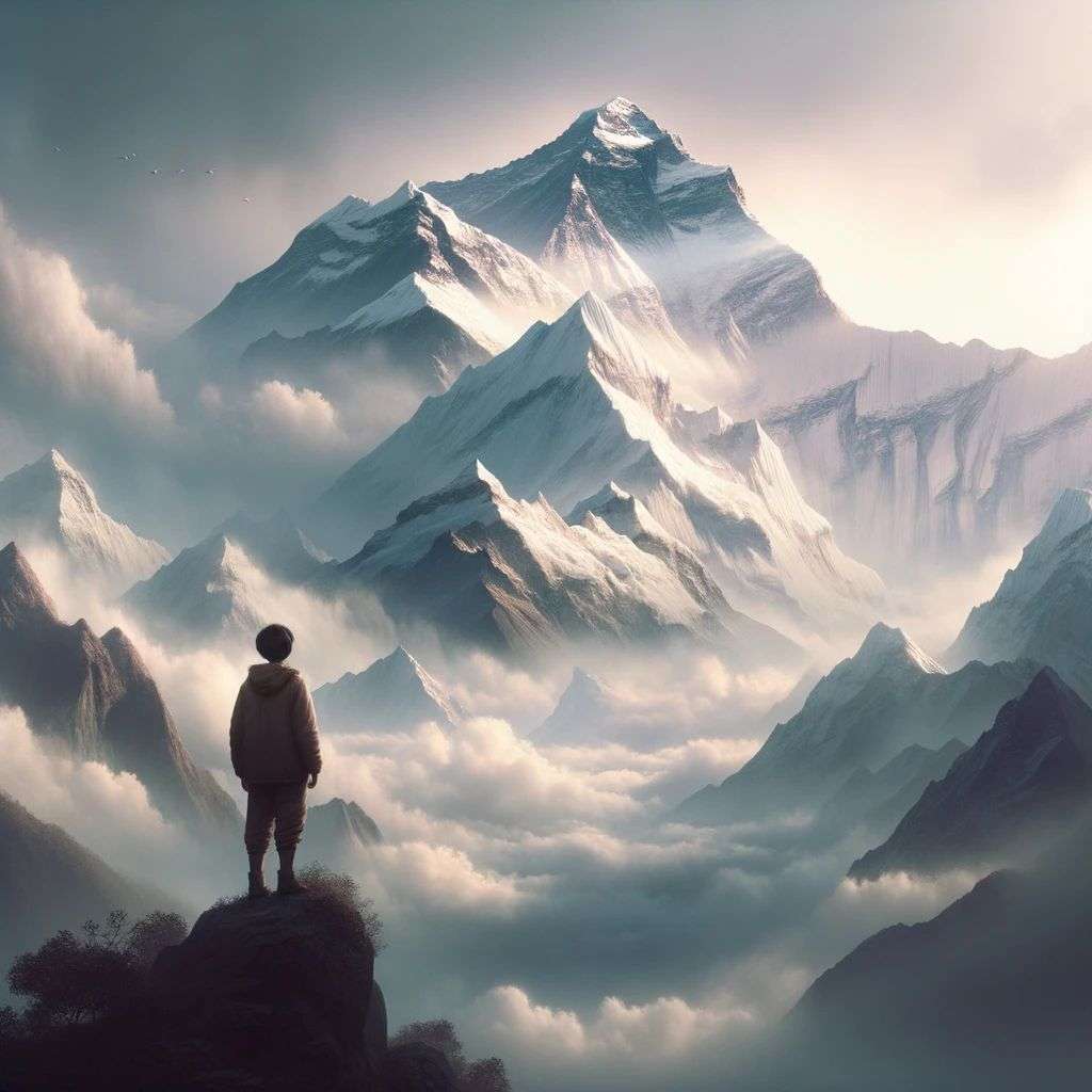 someone gazing at Mount Everest, digital art, ethereal